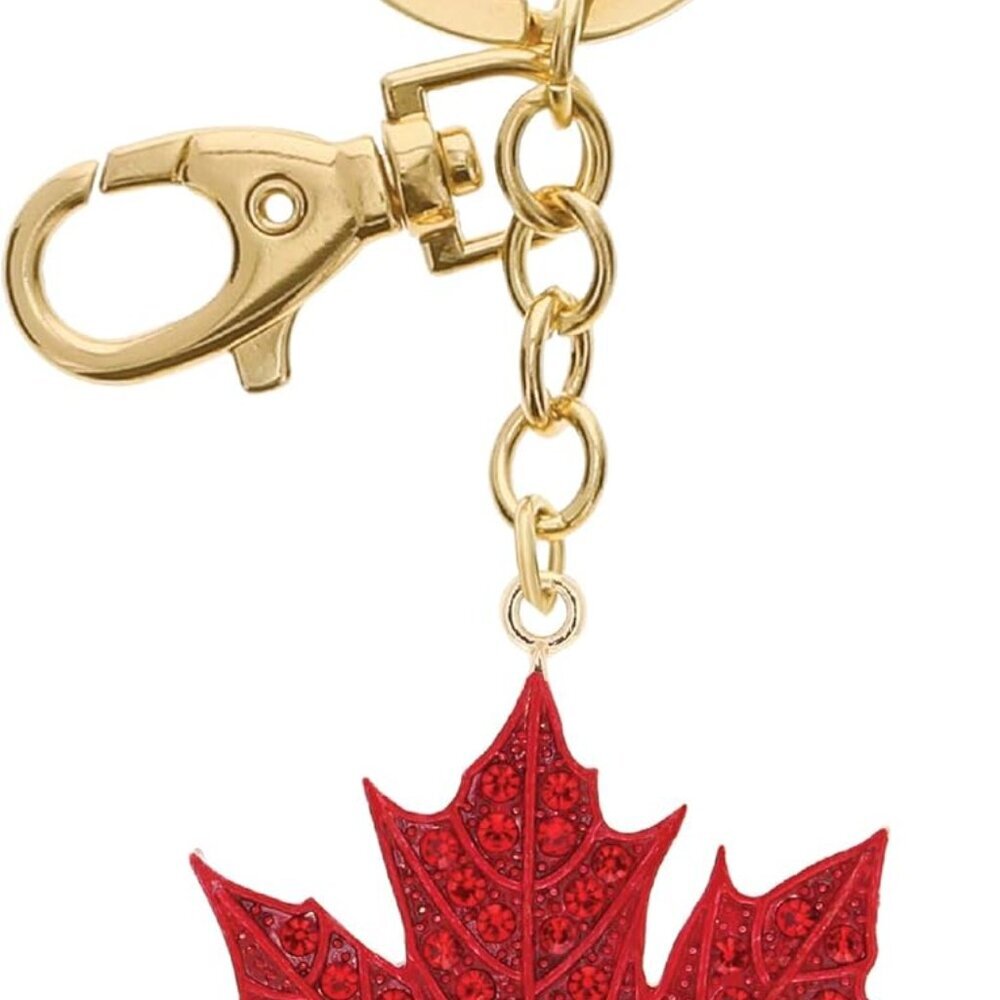 Red Maple Leaf Keychain - Gold 3D Sparkling Charm Rhinestones Fashionable Stylis